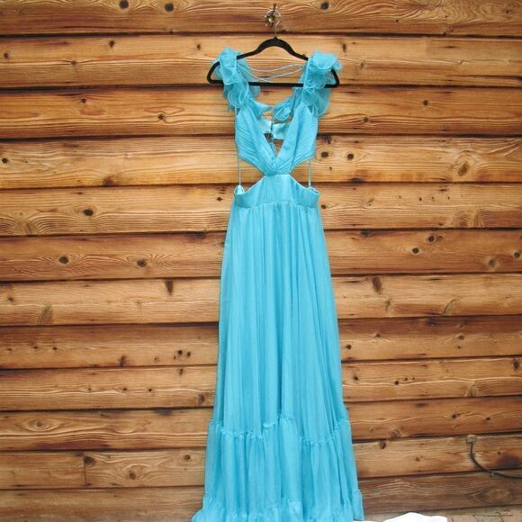 Mac Duggal 70254 Womens Blue Ruffled Shoulder Cut Out Lace Up Gown Dress - Picture 8 of 16